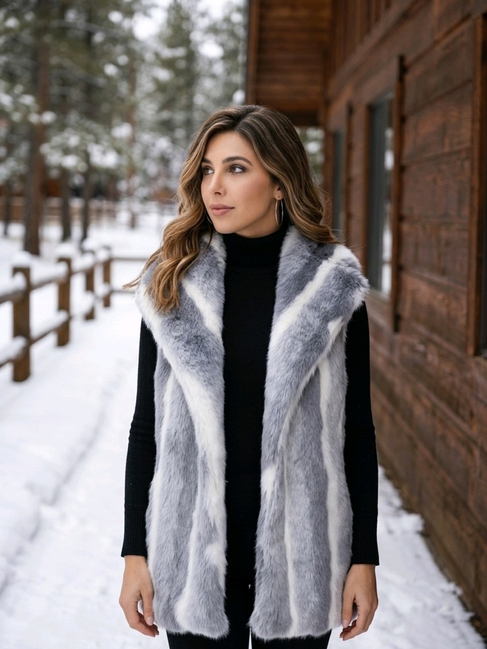 Soft Surroundings Gray & White Faux Fur Open Vest